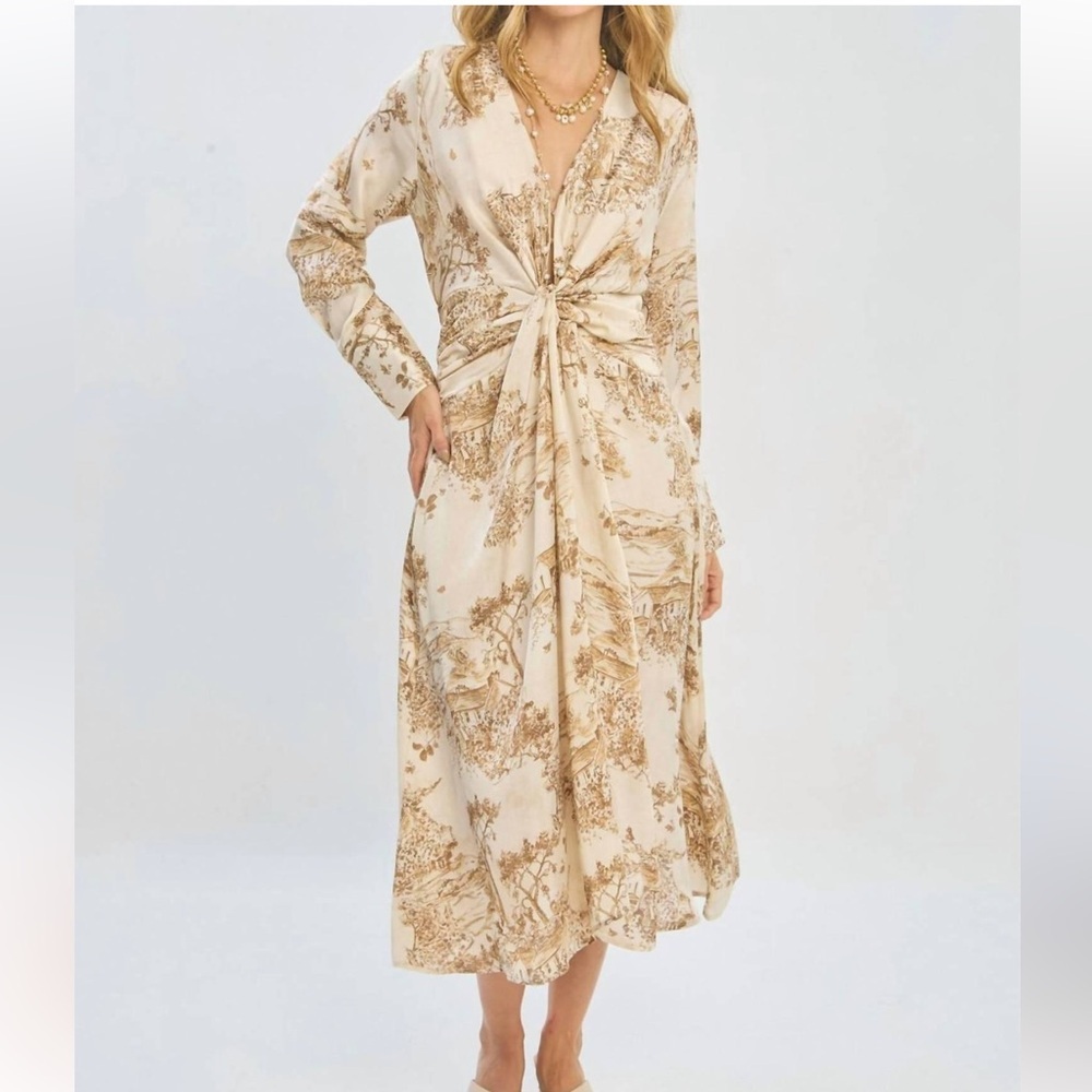 Dress Forum NWT The Fontaine Twist Women's Tan Floral Long Sleeve Midi Dress L